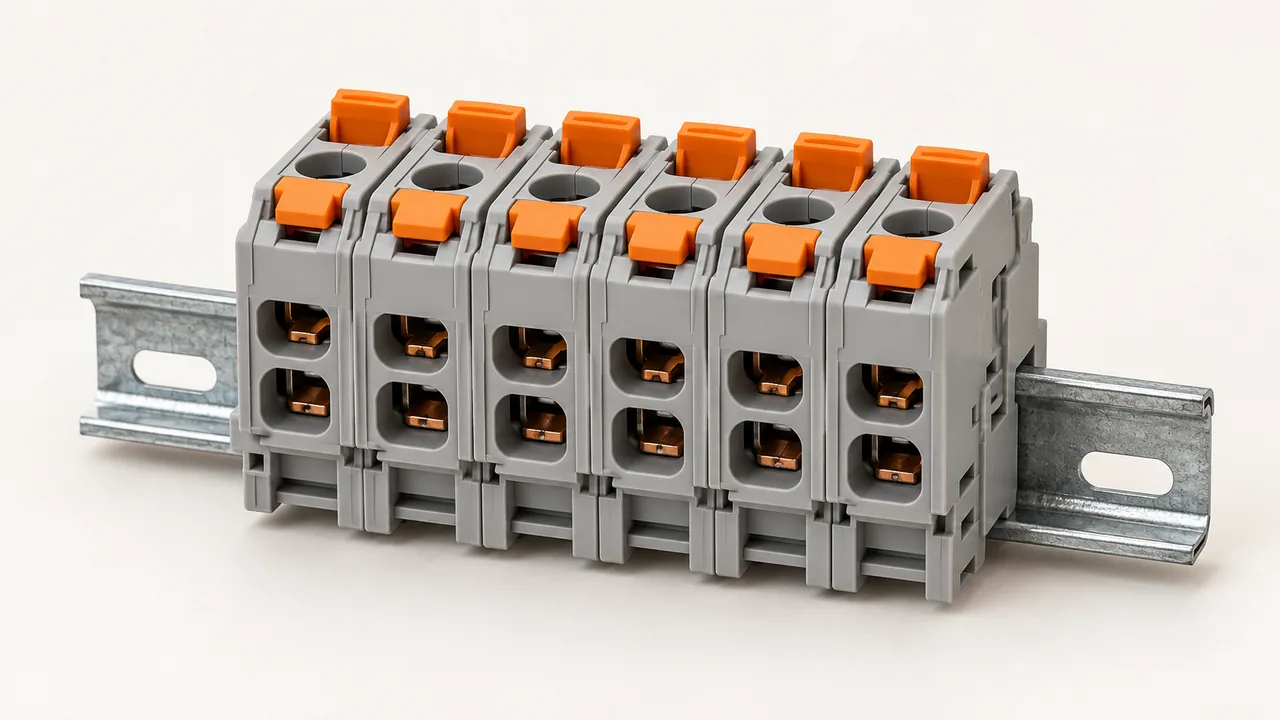 Representative product image of grey terminal blocks on a DIN rail